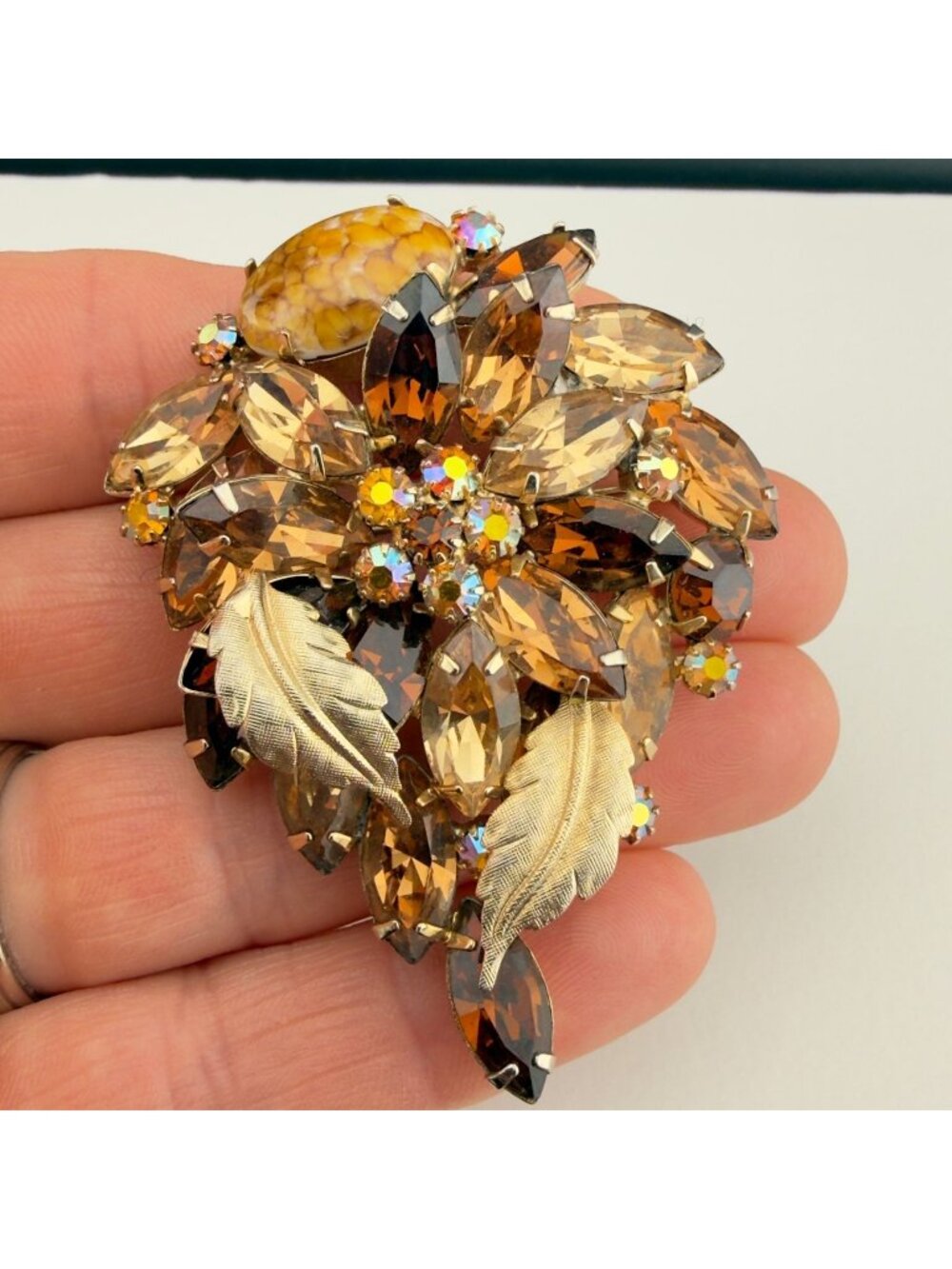Vintage Hattie Carnegie Rhinestone Brooch Gold Tone Brown Yellow Autumn Fall